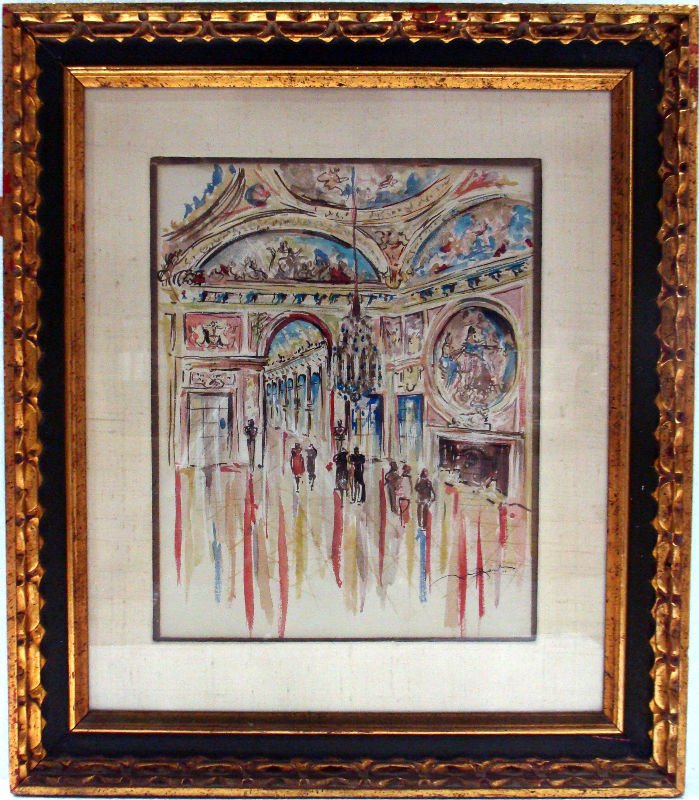 Alfons Bach 'Water Colour': Alfons Bach (1904-1999) signed 'Water Colour'. Depicts the inside of a ballroom. Measures 21 1/4" high x 18 1/4" wide. The frame measures 2 3/8".