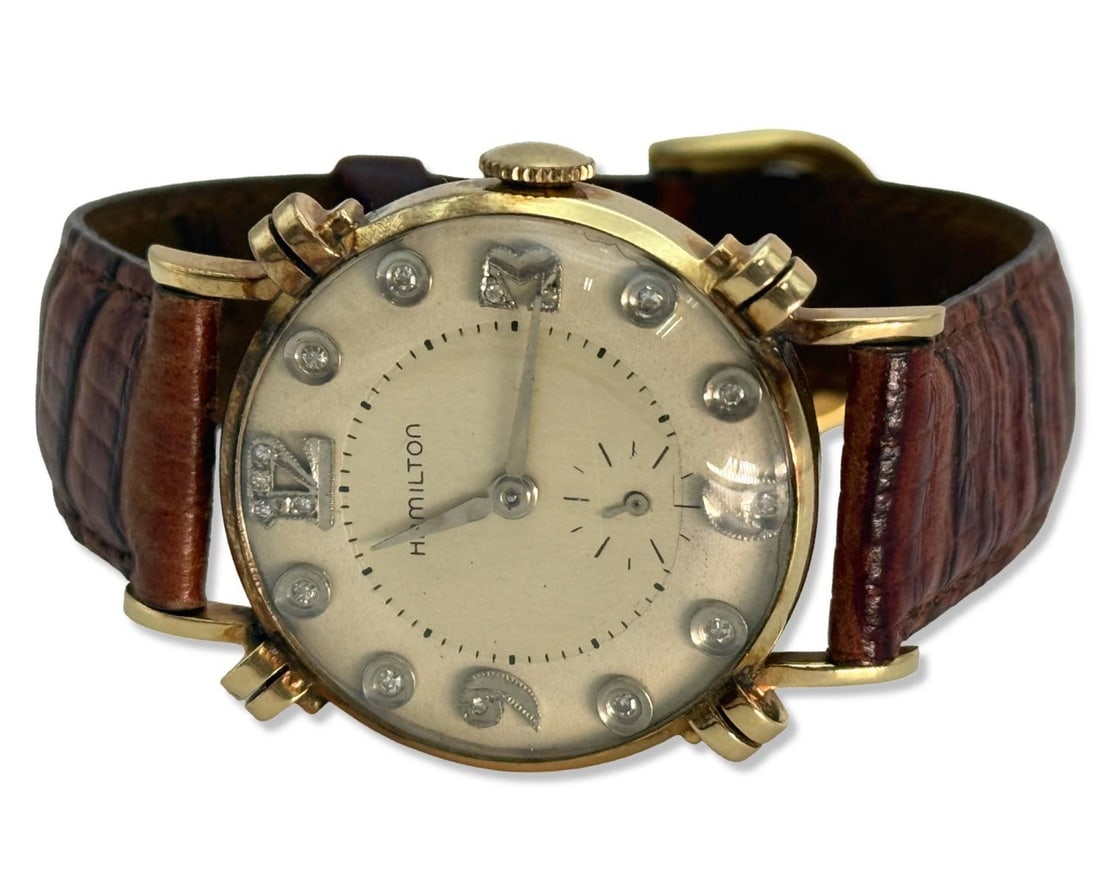 Vintage 14kt YG Hamilton Mens Wristwatch with Brown Leather Strap: Vintage 14kt YG Hamilton Mens Wristwatch with Brown Leather Strap L: 8 7/8", weighs 18.67dwt total