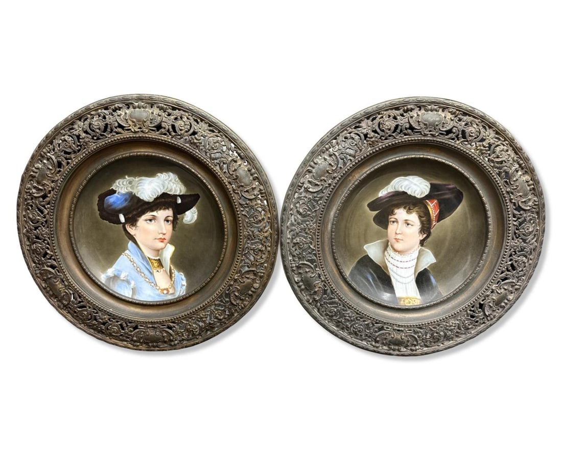 Lot of Two European Porcelain Portrait Plaques in Ornate Repousse Bronze Frames (1 of 4)