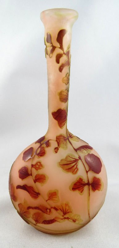 Pink Galle Banjo Form Cameo Glass Bud Vase: Pink Galle Banjo Form Cameo Glass Bud Vase. Floral buds and foliate decorations, signed Galle on front. Measures - 6 1/2" high.