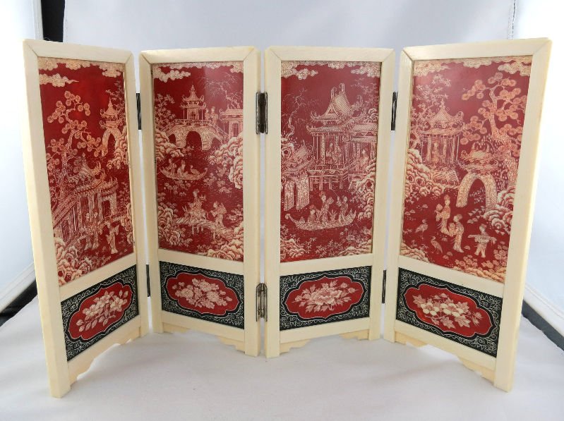 Chinese Hand Carved Polychrome & Ivory Table Screen: Extremely Rare Chinese Hand Carved Polychrome & Ivory Table Screen. Measures - each section - 7 7/8" high x 13 1/2" wide. For Domestic or International Shipping Quotes Please Feel Call Ryan or Dave at