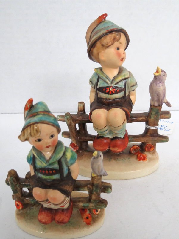 (2) Goebel Hummel Porcelain Wayside Harmony Figures: (2) Goebel Hummel Porcelain Wayside Harmony Figures with crown stamps. Measures - smaller - 4" high, bigger - 5 1/2".