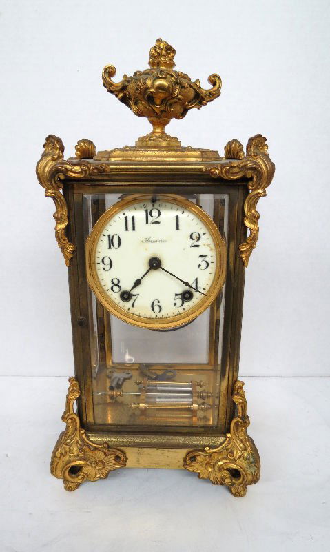 Ansonia Open Escapement Clock: Ansonia Open Escapement Clock with bronze & crystal mercury pendulum. Measures - 15 1/2" high x 7 1/2" wide.