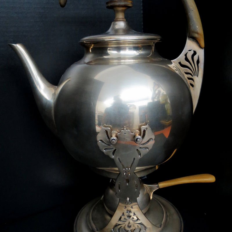 Austrian Hungary Tea Kettle & Stand 800 Silver: Austrian Hungary Tea Kettle & Stand 800 Silver, Art Nov. Measures - 15 3/8" high x 10 1/2" wide. Weighs - 50 toz.