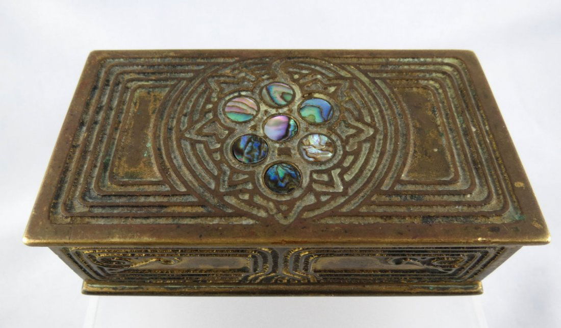 Tiffany Studios Abalone Stamp Box: Tiffany Studios Abalone Stamp Box. Measures - 1 1/4" high x 3 7/8" wide x 2" deep.