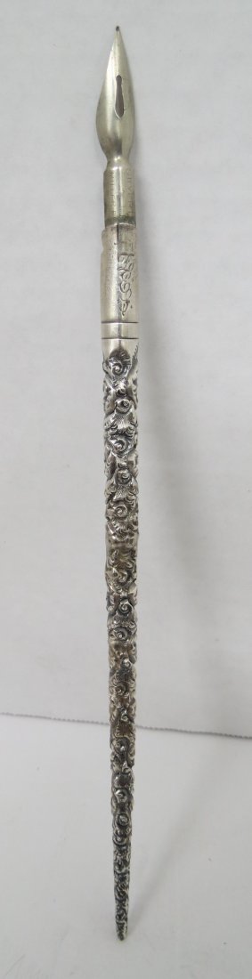 Sterling Silver Repousse Ink Pen: Sterling Silver Repousse Ink Pen. Measures - 7 1/2" long.