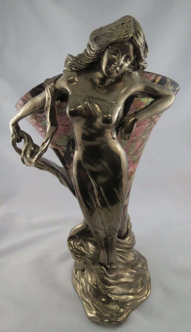 Maitland Smith Art Nouveau Style Vase: Maitland Smith Art Nouveau Style Vase with figure of a woman attached handmade in the Philippines. Measures - 11" high x 6 3/8" wide.