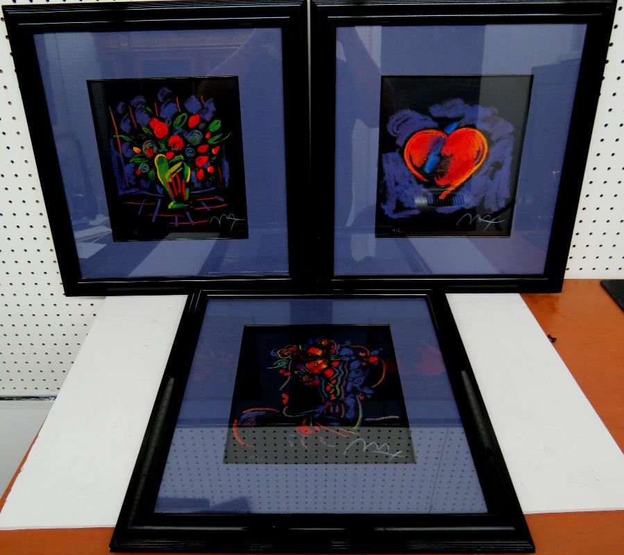 Peter Max Romance Suite I: Peter Max Romance Suite I. Lithograph on paper, 1. Heart, 2.Profile, 3.Flowers, year produced 1995. Measures - 11" high x 9 1/2" wide each. 156/300 edition. Retail value - $3,250.00.