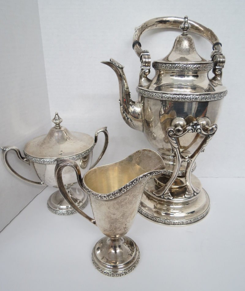 3 Pc. American Manchester Sterling Silver Tea Set: 3 Pc. American Manchester Sterling Silver Tea Set. Tea kettle - 15" high, sugar bowl - 7 1/2" high, creamer - 6" high. Weighs - 84 toz.