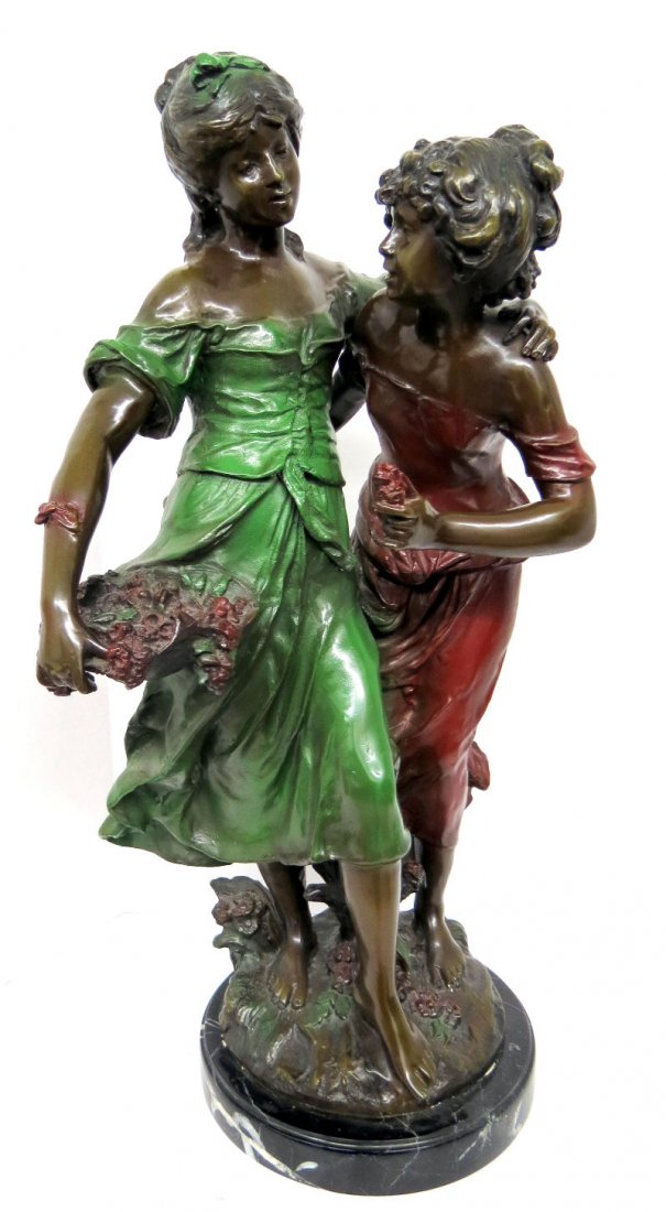 Polychrome Bronze Figural Group Signed Moreau: Polychrome Bronze Figural Group Signed Moreau on black marble base. Measures - 28" high x 13 1/2" wide.