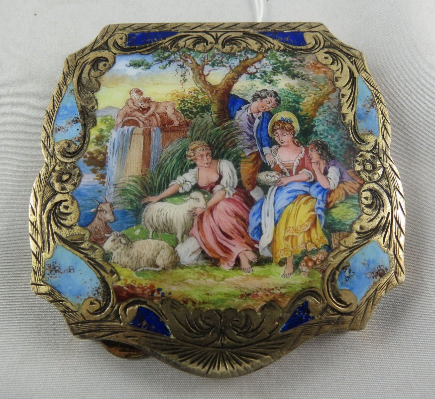 800 Silver & Hand Painted Enamel Compact: 800 Silver & Hand Painted Enamel Compact. Measures - 3" long x 3" wide.