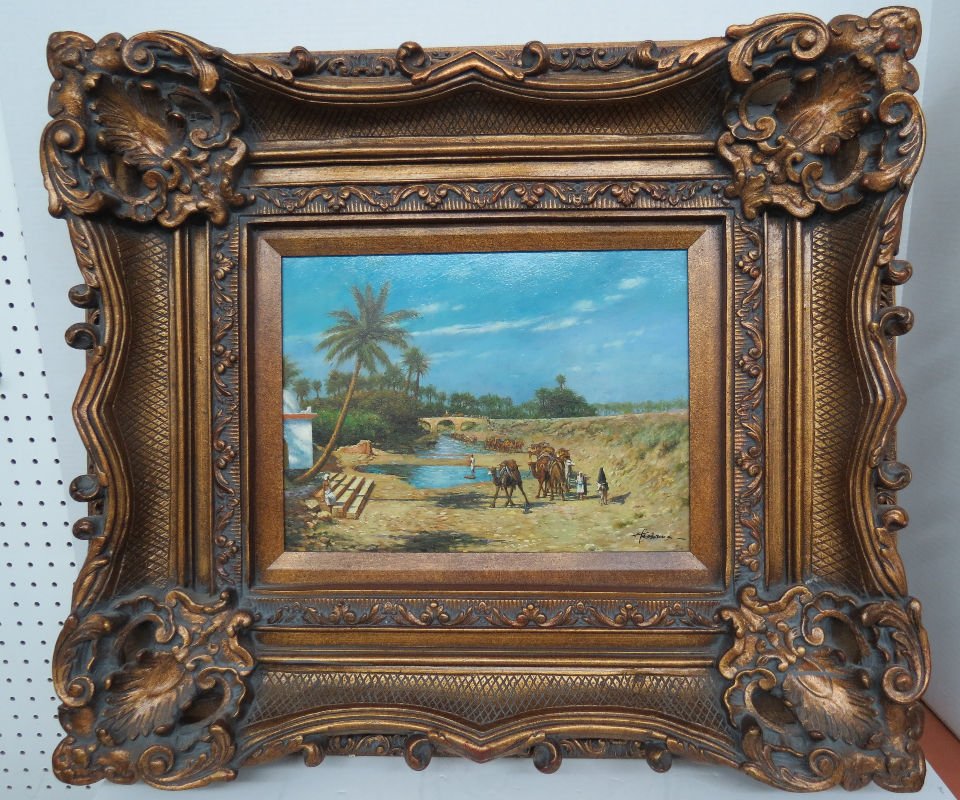 Large Middle Eastern Oil Painting on Canvas: Large Middle Eastern Oil Painting on Canvas. Measures - 26 1/2" high x 30 1/4" wide. Depicting a water scene with camels.