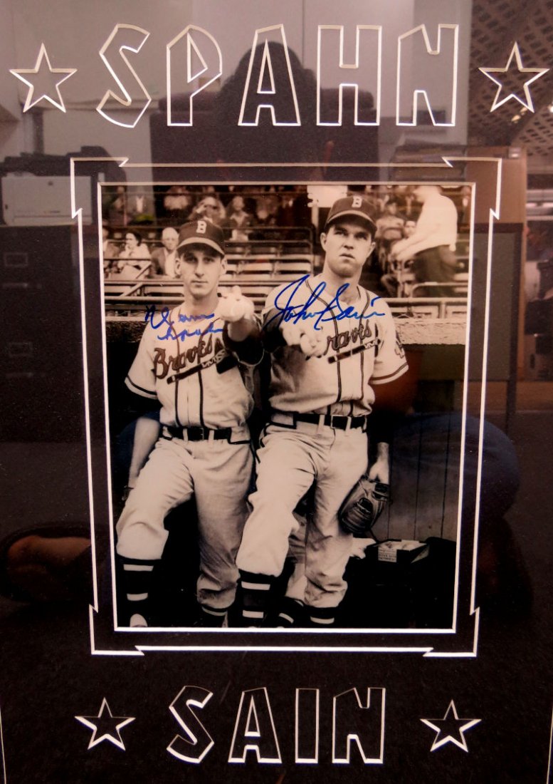 Gerald V. Hern (Spahn & Sain) Signed & Framed Picture: Gerald V. Hern (Spahn & Sain) Signed & Framed Picture. Warren Spahn 1921-2003, Johnny Sain 1917-2006 pitchers. Spahn was elected to hall of fame in 1973, Sain pitched for 11 years winning 136 games, t