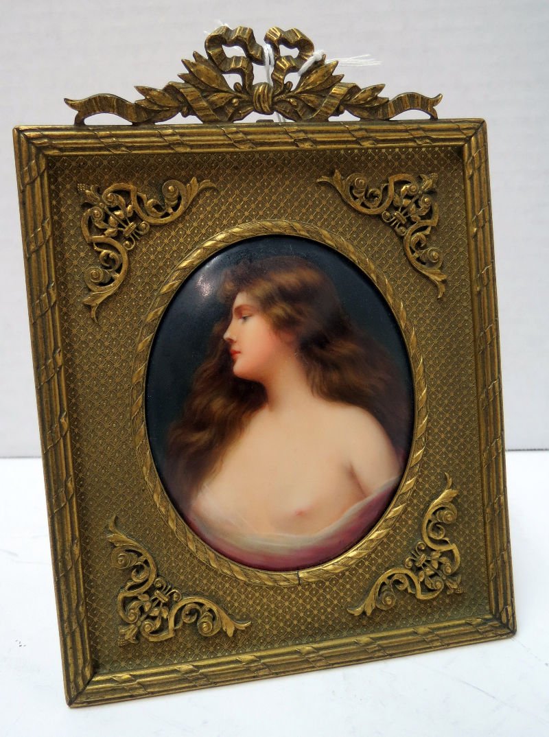German Hand Painted Porcelain Plaque: German Hand Painted Porcelain Plaque, in bronze frame. Measures - 6" high x 4 3/4" wide frame, 3 1/4" high x 2 7/8" plaque.