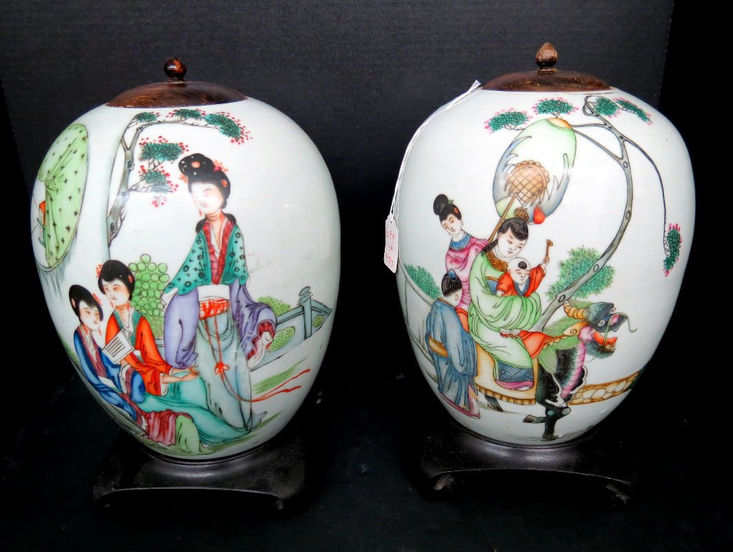 Antique Japanese Hand Painted Porcelain Ginger Jars on: Antique Japanese Hand Painted Porcelain Ginger Jars on Fitted Stands. Measures - 13" high.