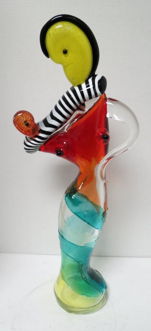 Mario Badioli Murano Glass Sculpture: Mario Badioli Murano Glass Sculpture, beautiful multi color murano sculpture depicting a mother & child. Measures - 24 1/2" high x 9 1/2" wide.