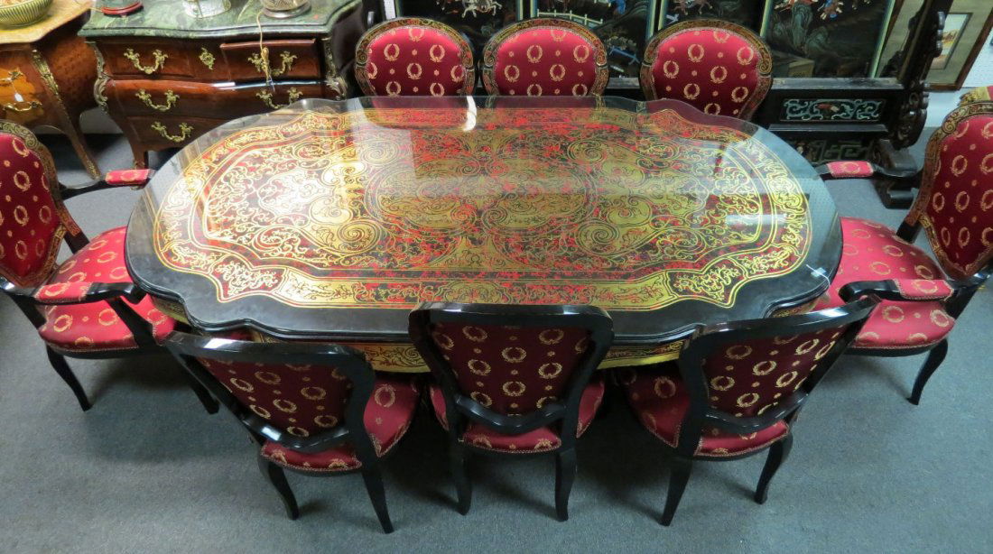 9 Pc. French Boulle Style Dining Room Set: 9 Pc. French Boulle Style Dining Room Set. Stunning dining room, set with beautiful red fabric. 8 chairs - 42" high. Table - 88 1/2" long x 47 1/4" wide x 32" high.
