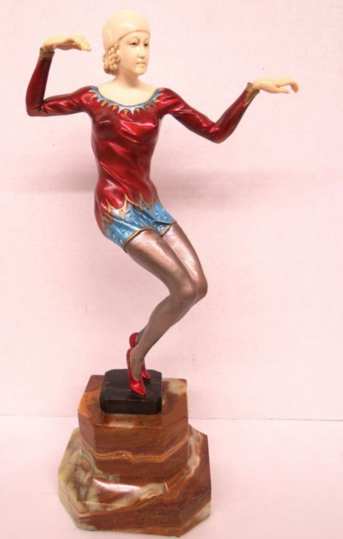 (After) Ferdinand Preiss Art Deco Bronze Marble & Ivory: (After) Ferdinand Preiss Art Deco Bronze Marble & Ivory Sculpture. Depicting a woman dancing with a red dress & Shoes. Measures - 18 1/2" high x 7 3/4" wide.