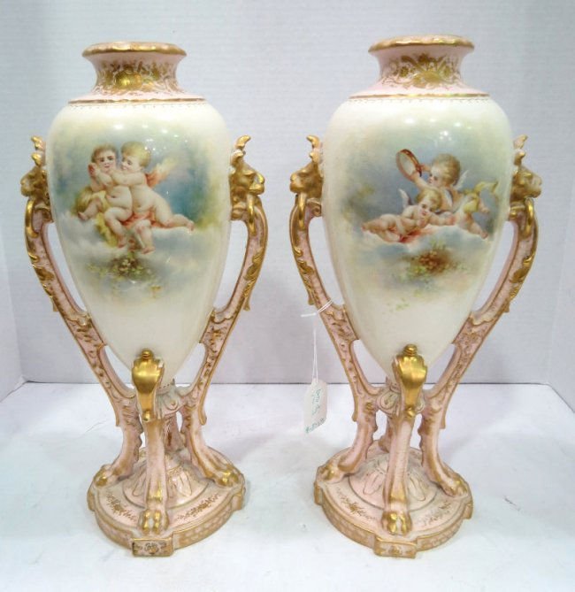 Pair of Antique Royal Bonn Hand Painted Figural: Pair of Antique Royal Bonn Hand Painted Figural Porcelain Vases with gilt trimming. Measures - 14" high.
