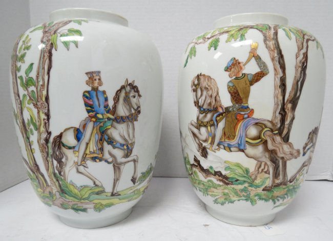 Pair of Austrian Augarten Wien "Hirschjagd" Vases by: Pair of Austrian Augarten Wien "Hirschjagd" Vases by Ena Rottenberg (1893-1950), stag hunting. Measures - 10 3/4" high.