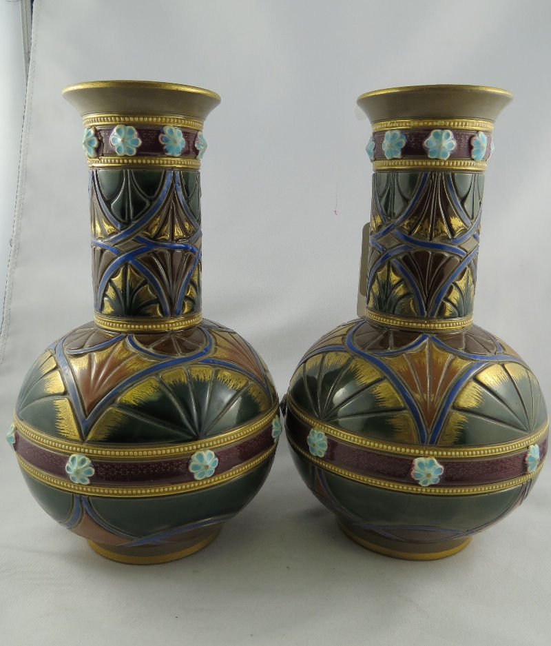 Pair of Sarreguemines Majolica Hand Painted Vases: Pair of Sarreguemines Majolica Hand Painted Vases, marked on bottom, #1100, Sarreguemines mark. Measures - 7 5/8" high.