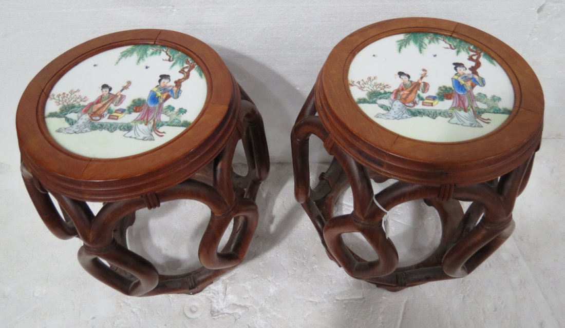 Pair of Chinese Hardwood Open Drum Shaped Porcelain: Pair of Chinese Hardwood Open Drum Shaped Porcelain Insert Stools. Measures - 18" high x 13" diameter.