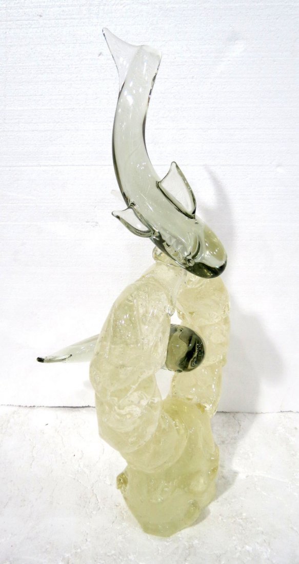 Large Murano Glass Shark Sculpture Centerpiece: Large Murano Glass Shark Sculpture Centerpiece featuring two sharks swimming. Measures - 29" high x 14" deep x 14" wide.