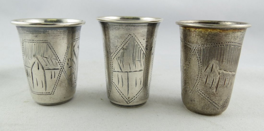 3 Russian 84 Silver Kiddish Cup: 3 Russian 84 Silver Kiddish Cup. Measures - 1 3/4 high each. Weighs - 1.285 ozt.