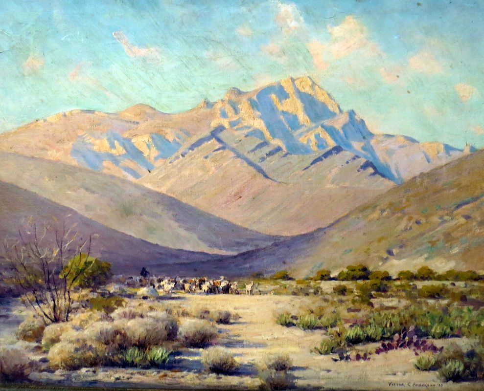 Victor Coleman Anderson American (1892-1937) Oil: Victor Coleman Anderson American (1892-1937) Oil Painting on Canvas, depicting desert scene, mountains & cow. Measures - 14" high x 18" wide, plus 1" frame.