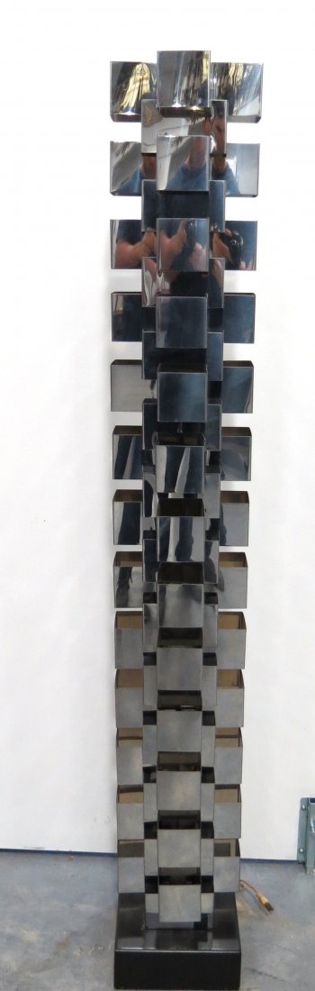 Large Curtis Jere Tower Floor Lamp: Large Curtis Jere Tower Floor Lamp, circa 1970's, chromed steel. Measures - 64" high x 9" wide.