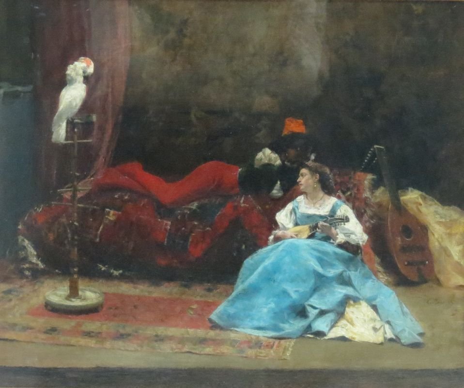 Louis Claude Mouchot Oil Painting on Board: Louis Claude Mouchot Oil Painting on Board. Woman playing mandolin with parrot. Signed right side. Measures - 22" wide x 18" high, 6" frame.