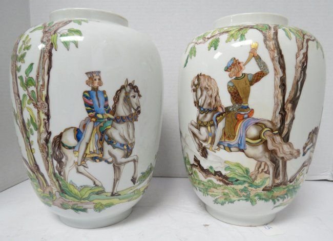 Pair of Austrian Augarten Wien "Hirschjagd" Vases by: Pair of Austrian Augarten Wien "Hirschjagd" Vases by Ena Rottenberg (1893-1950), stag hunting. Measures - 10 3/4" high.