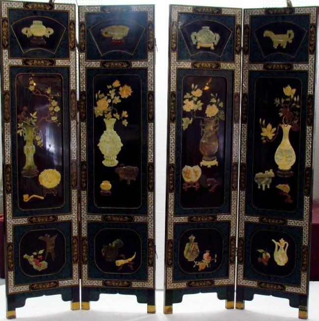 Chinese 4 Panel Hardstone & Mother of Pearl Insert: Chinese 4 Panel Hardstone & Mother of Pearl Insert Screen. Measures - 72" high x 18" wide.