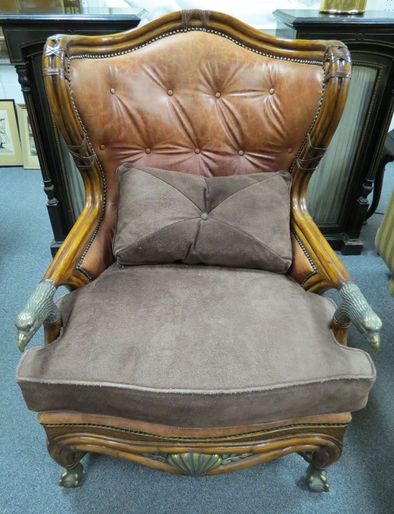 Rare Maitland Smith Chair w/ Eagle Head Handles: Rare Maitland Smith Chair w/ Eagle Head Handles. Measures - 42" high x 30" wide x 34" deep.