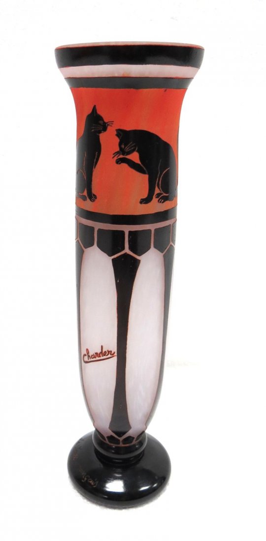 French Le Verre Francois Charder Cameo Vase w/ Black: French Le Verre Francois Charder Cameo Vase w/ Black Cat Design. Measures - 16" high x 4 5/8" wide.