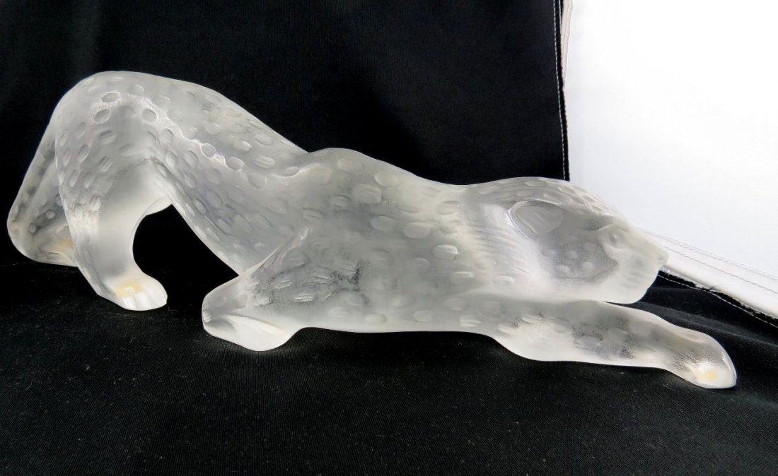 Lalique Zeila Panther Figure: Lalique Zeila Panther Figure. Measures - 4" high x 15" wide. Etched signature Lalique R. France.