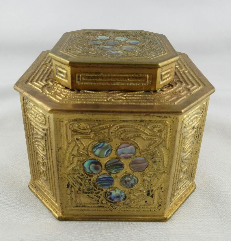 Tiffany Studios Grapevine Inkwell: Tiffany Studios Grapevine Inkwell with abalone on bronze. Measures - 3 3/4" x 3 3/4" x 3". Missing inner liner.