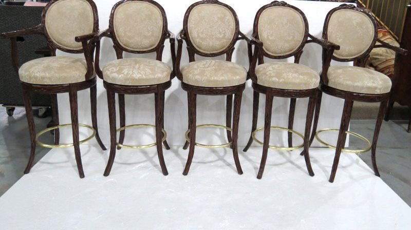 Set of 5 Hand Carved Wooden Bar Stools: Set of 5 Hand Carved Wooden Bar Stools. Measures - 46" high x 19 3/4" wide.