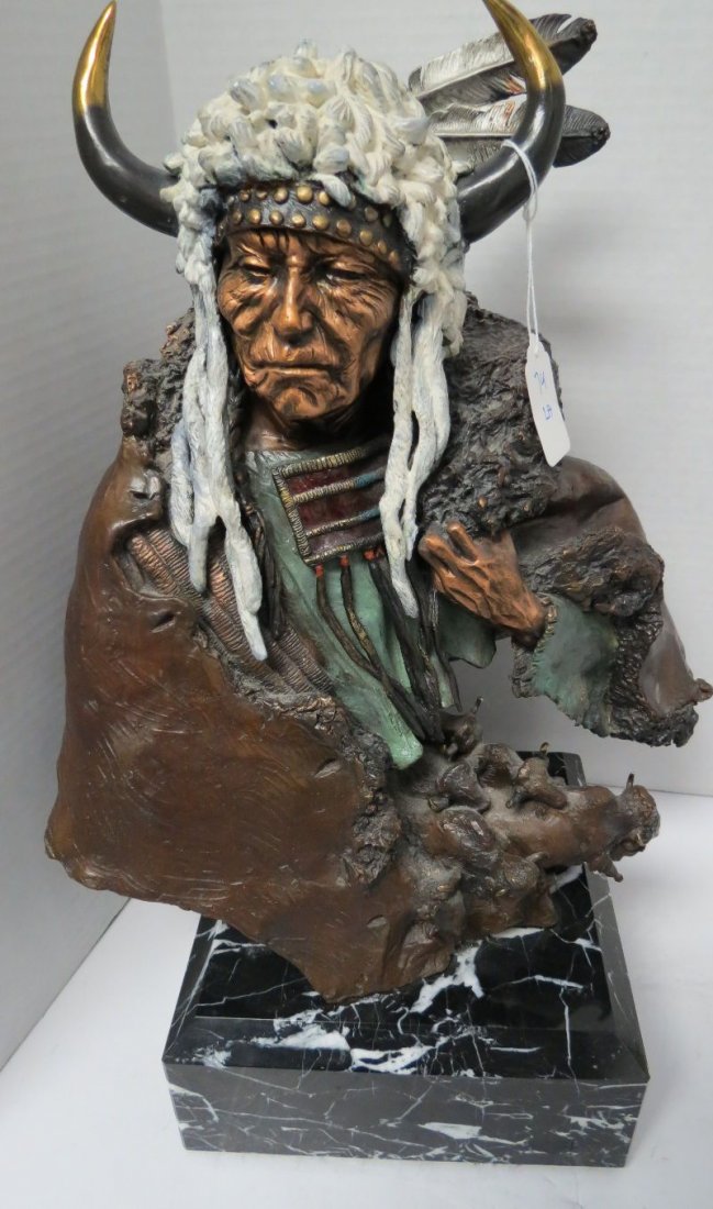 Chris Pardell Polychrome Bronze Bust of Chief: Chris Pardell Polychrome Bronze Bust of Chief on marble base, revolving base. Measures - 16 3/4" high.