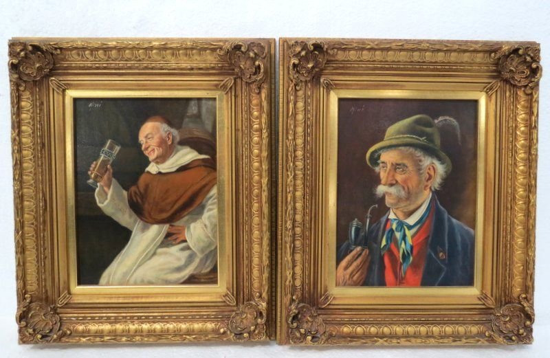 Casper Mine (French 1905) Oil Paintings on Board: Casper Mine (French 1905) Oil Paintings on Board, Bishop portrait & an old man smoking pipe portrait. 1. 9" wide x 12" high + 3 1/2" frame, 2. 9" wide x 12" high + 3 1/2" frame.