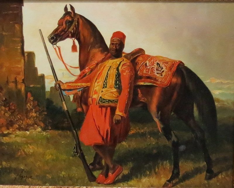 Decorative Middle Eastern Oil Painting on Board: Decorative Middle Eastern Oil Painting on Board. Measures - 9 3/4" wide x 7 3/4" high + 5 1/4" frame.