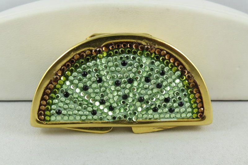 Judith Leiber Swarovski Crystal Sliced Lim Pill Box: Judith Leiber Swarovski Crystal Sliced Lim Pill Box. Measures - 2 1/4" long. Swarovski Crystal lime green.
