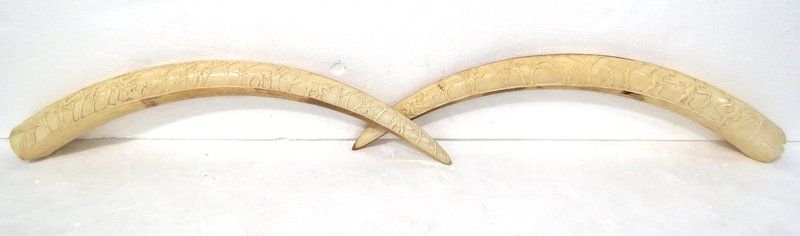 Pair of Palace Size African Hand Carved Ivory Elephant: Pair of Palace Size African Hand Carved Ivory Elephant Tusks. Nicely hand carved elephant tusks. Approx. 30 pounds each. Beginning of tusk starts at 4" wide x 44 1/2" long.