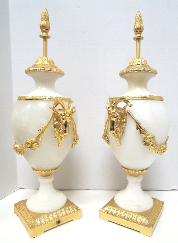 Pair of European Alabaster & Dore Bronze Urns: Pair of European Alabaster & Dore Bronze Urns. Measures - 33 1/2" high x 9 3/4" wide.