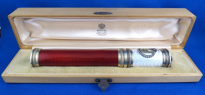 Russian Silver 88 Diamond & Enamel Cigar Case: Russian Silver 88 Diamond & Enamel Cigar Case with cabochon amethyst top female portion in white enamel with diamonds & ruby accents. Male portion deep ruby red enamel designed by Henrik Wingstrom, a 