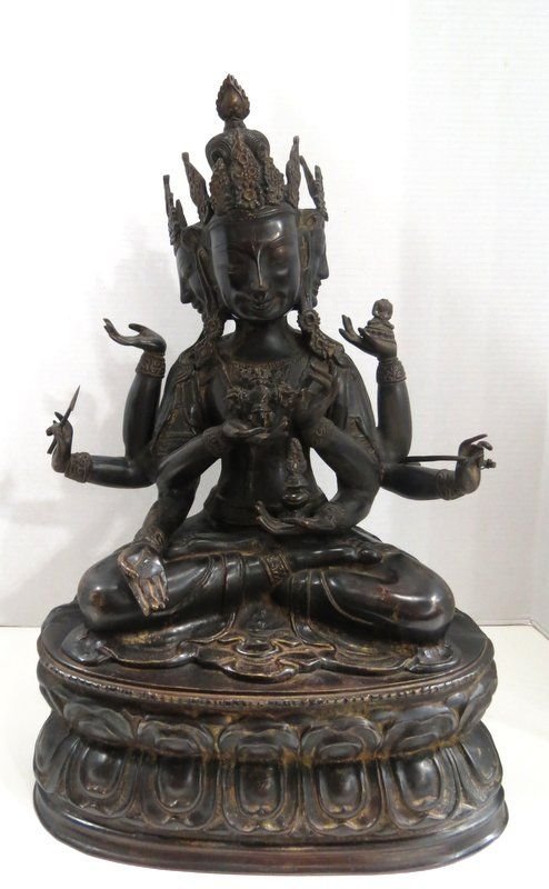 Bronze Triple Headed Thai Buddha Bronze Figure: Bronze Triple Headed Thai Buddha Bronze Figure. Measures - 20" high x 13" wide x 8" deep.