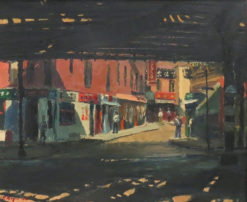 Peter Hayward (American 1905-1993) Oil Painting: Peter Hayward (American 1905-1993) Oil Painting on canvas featuring a city scene. Great detail!. Measures - 20 1/2" high x 24" wide + 3 3/4" frame.