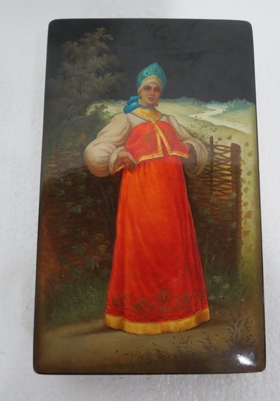Antique Russian Hand Painted Lacquer Box: Antique Russian Hand Painted Lacquer Box, Signed bottom left. Measures - 1 5/8" high x 6" wide x 10 1/4" long.