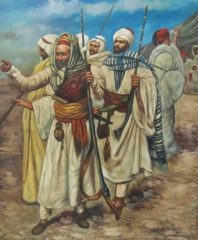 Middle Eastern Oil Painting on Canvas: Middle Eastern Oil Painting on Canvas. Featuring soldiers marching together. Measures - 23 1/2" high x 19 1/2" wide + 4" frame.