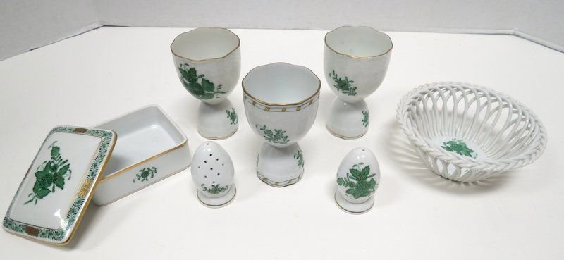 7 Pc. Herend Green Bouquet Hand Painted Porcelain Misc.: 7 Pc. Herend Green Bouquet Hand Painted Porcelain Misc. Pieces. 3 cups - 4" high x 2 1/2" diameter, 1 pierced bowl - 2" high x 5 1/4" diameter, salt & pepper shaker - 2 1/2" high, covered box - 2" hig